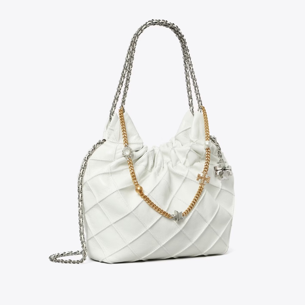 Tory Burch Mini Fleming Distressed Leather Hobo Bag in Blanc